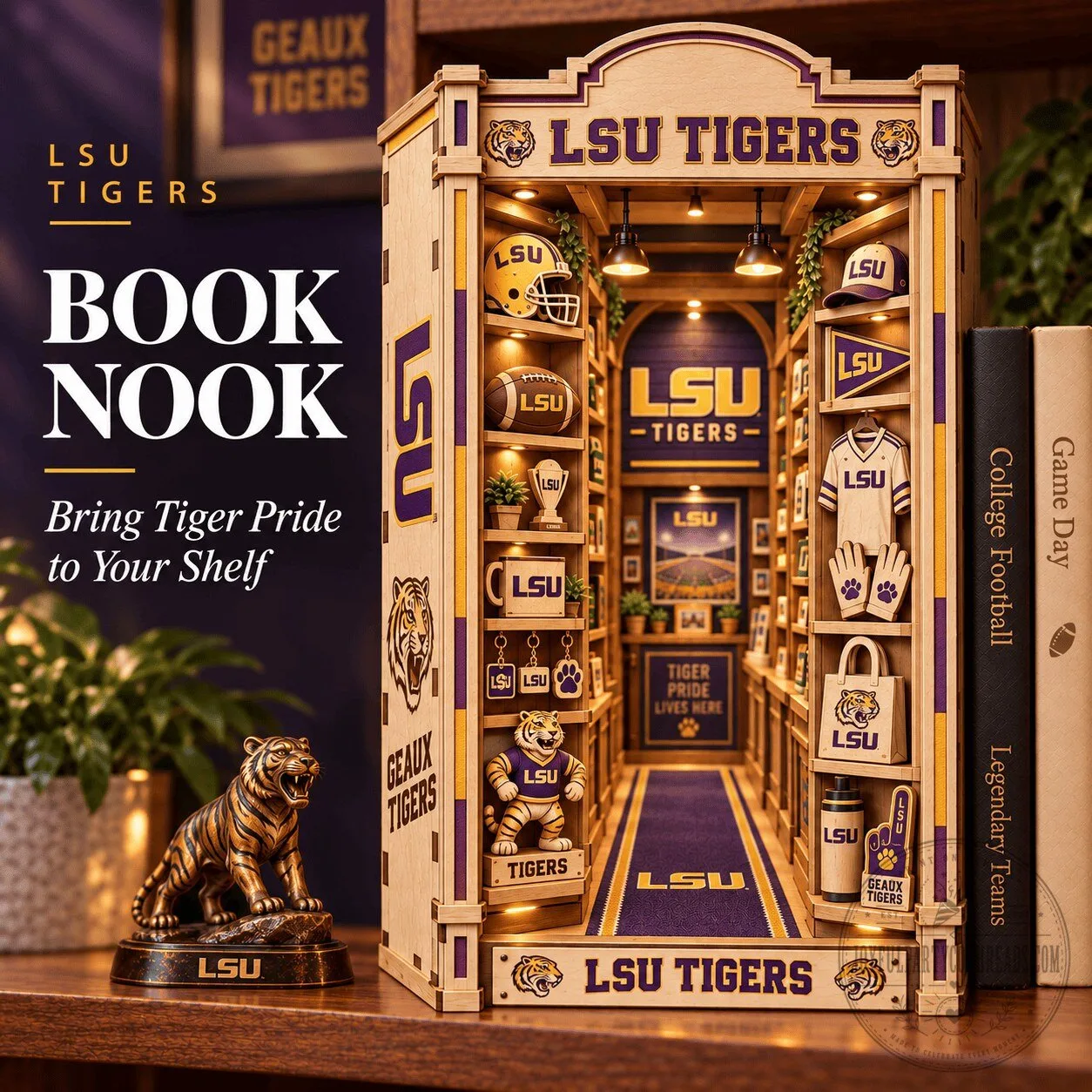 LSU Tigers Geaux Tigers Decorative Book Nook Shelf Insert Display