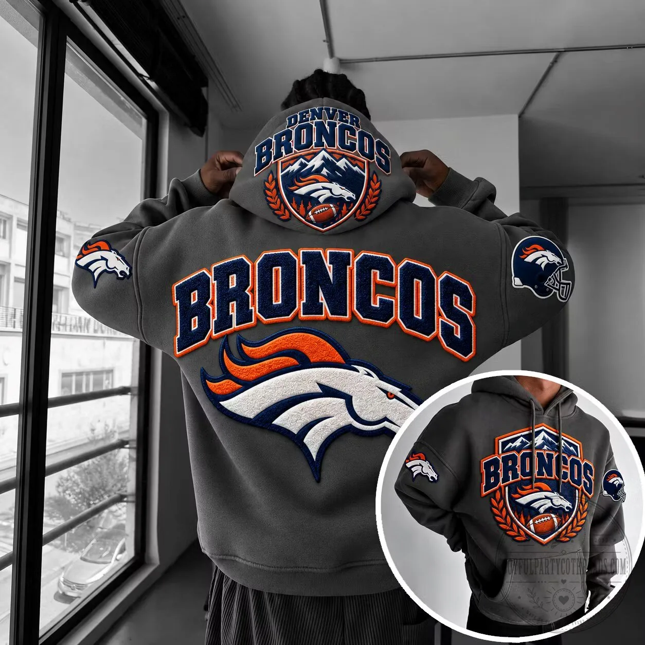 Denver Broncos NFL Football Team Logo Embroidered Gray Hoodie