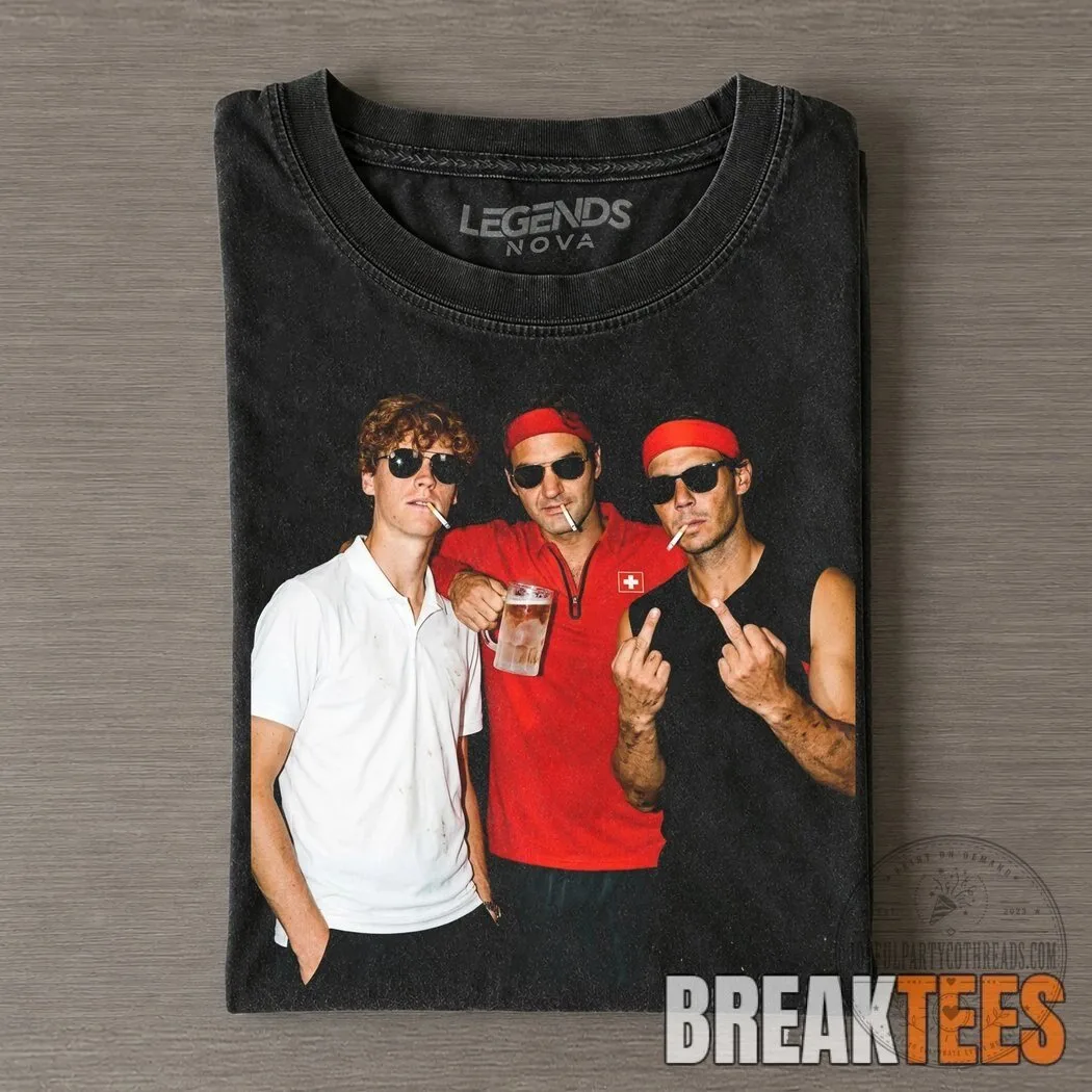 Graphic T-Shirt of Tennis Legends Jannik Sinner, Roger Federer, and Rafael Nadal
