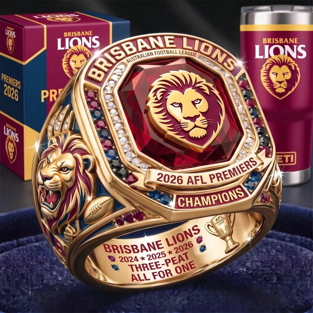Brisbane Lions 2026 AFL Premiers Champions Three-Peat Gold Tone Ring Brisbane Lions 2026 AFL Premiers Champions Three-Peat Gold Tone Ring