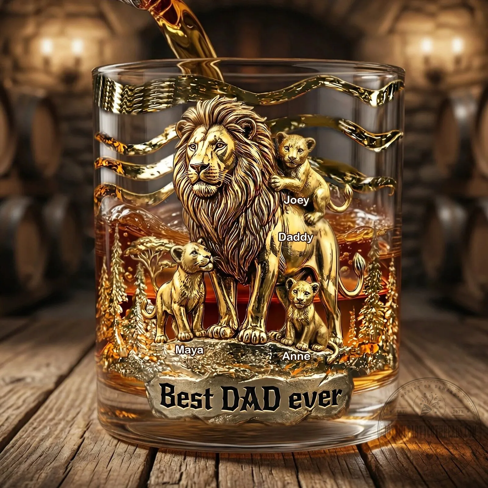 Best Dad Ever Lion and Cubs Personalized Whiskey Glass for Father's Day