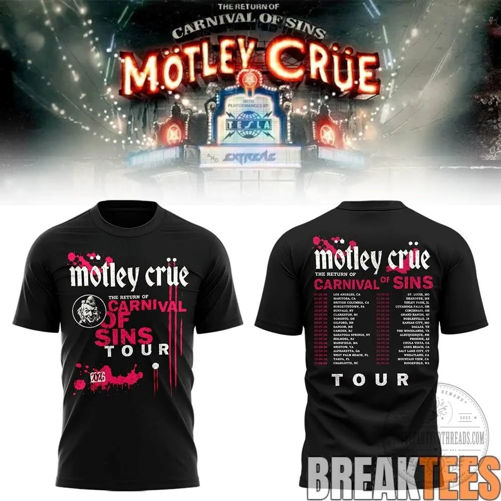 Motley Crue The Return of the Carnival of Sins 2026 Tour Black T-Shirt