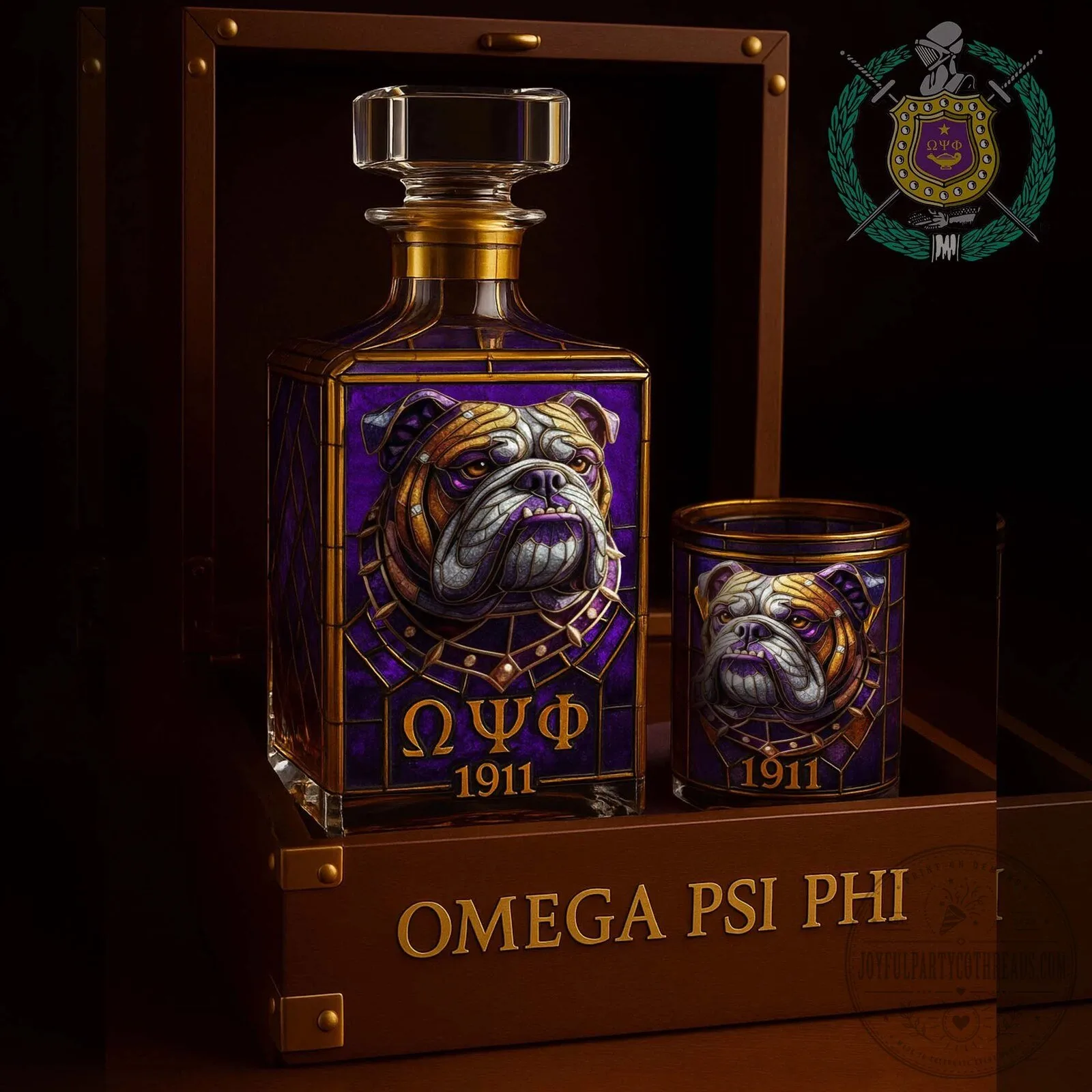 Bulldog Decanter and Whiskey Glass Set for Omega Psi Phi Fraternity