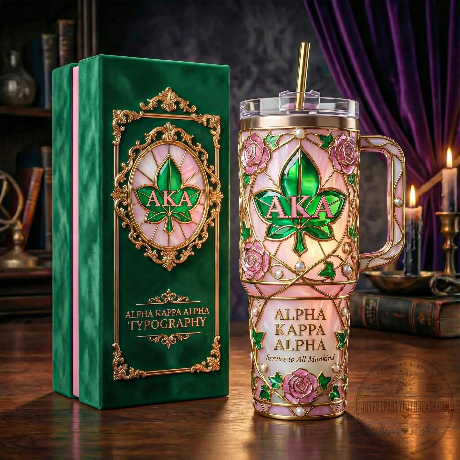 Alpha Kappa Alpha Sorority Stained Glass Design Insulated Tumbler with Handle