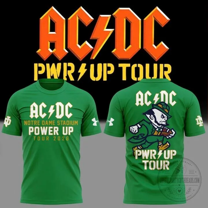 2026 Stadium Green T-Shirt for Notre Dame Football AC/DC Power Up Tour