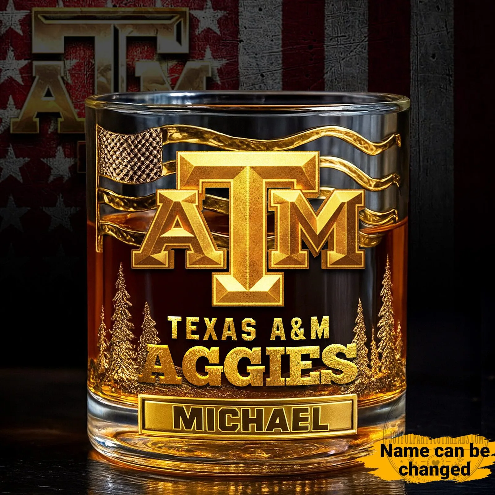 Texas A&M Aggies Personalized Gold Logo Whiskey Glass