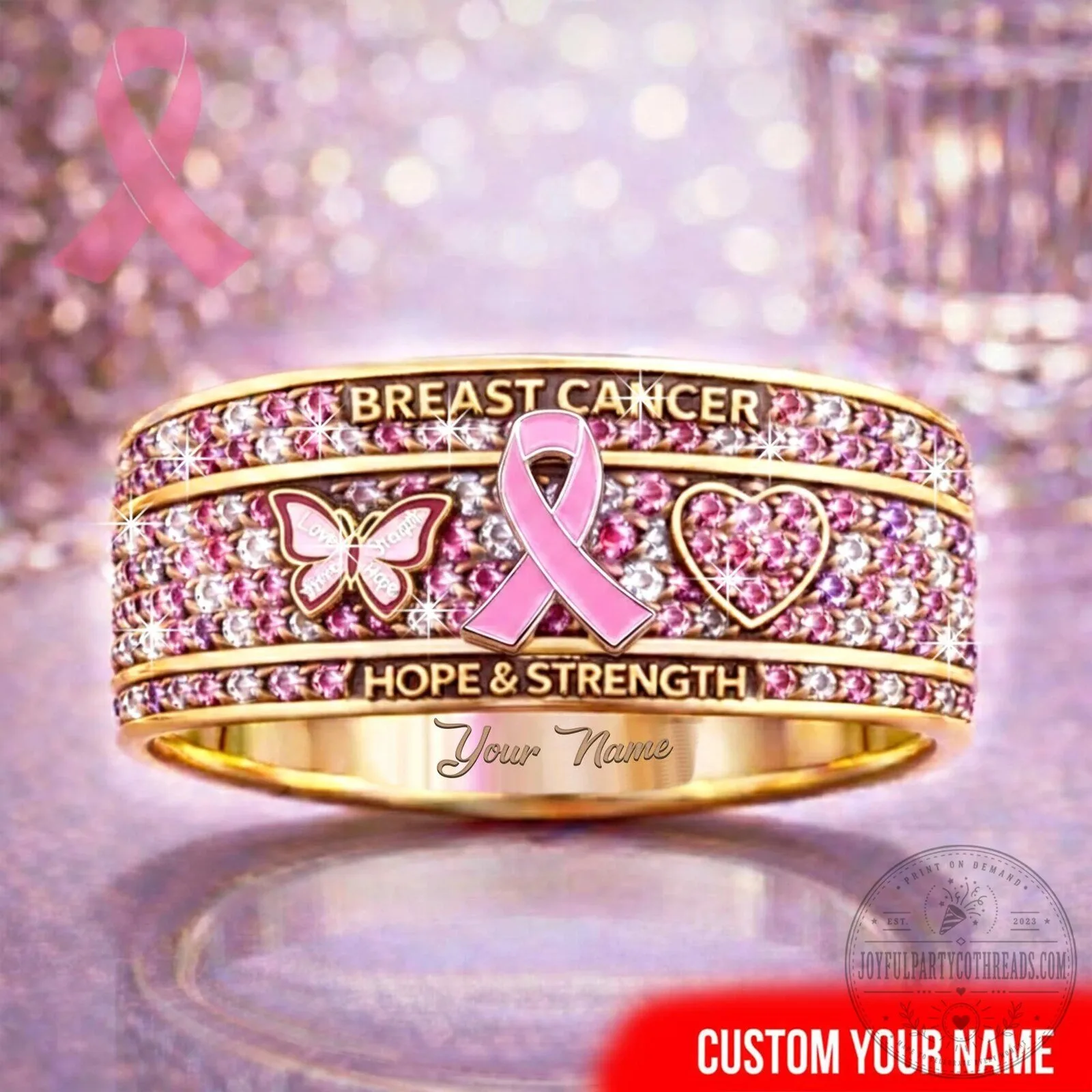 Breast Cancer Awareness Hope and Strength Pink Ribbon Ring