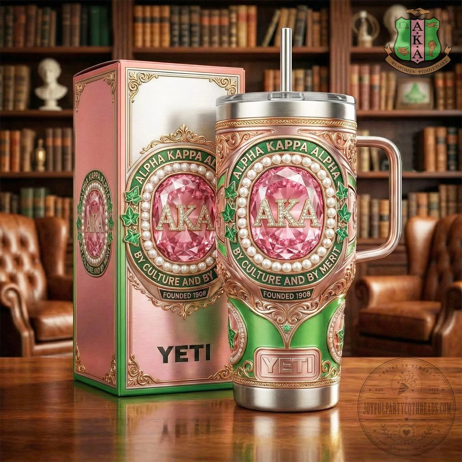 Alpha Kappa Alpha Sorority Pink and Green Pearl Tumbler with Handle