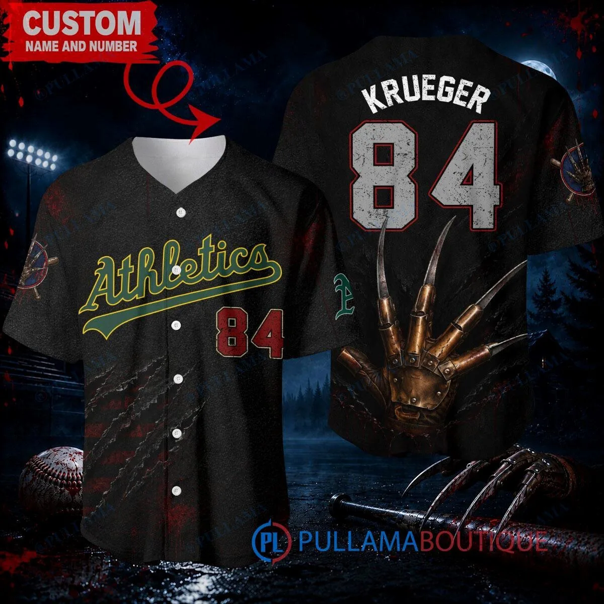Freddy Krueger Oakland Athletics Baseball Jersey Custom Name and Number 1 Freddy Krueger Oakland Athletics Baseball Jersey Custom Name and Number