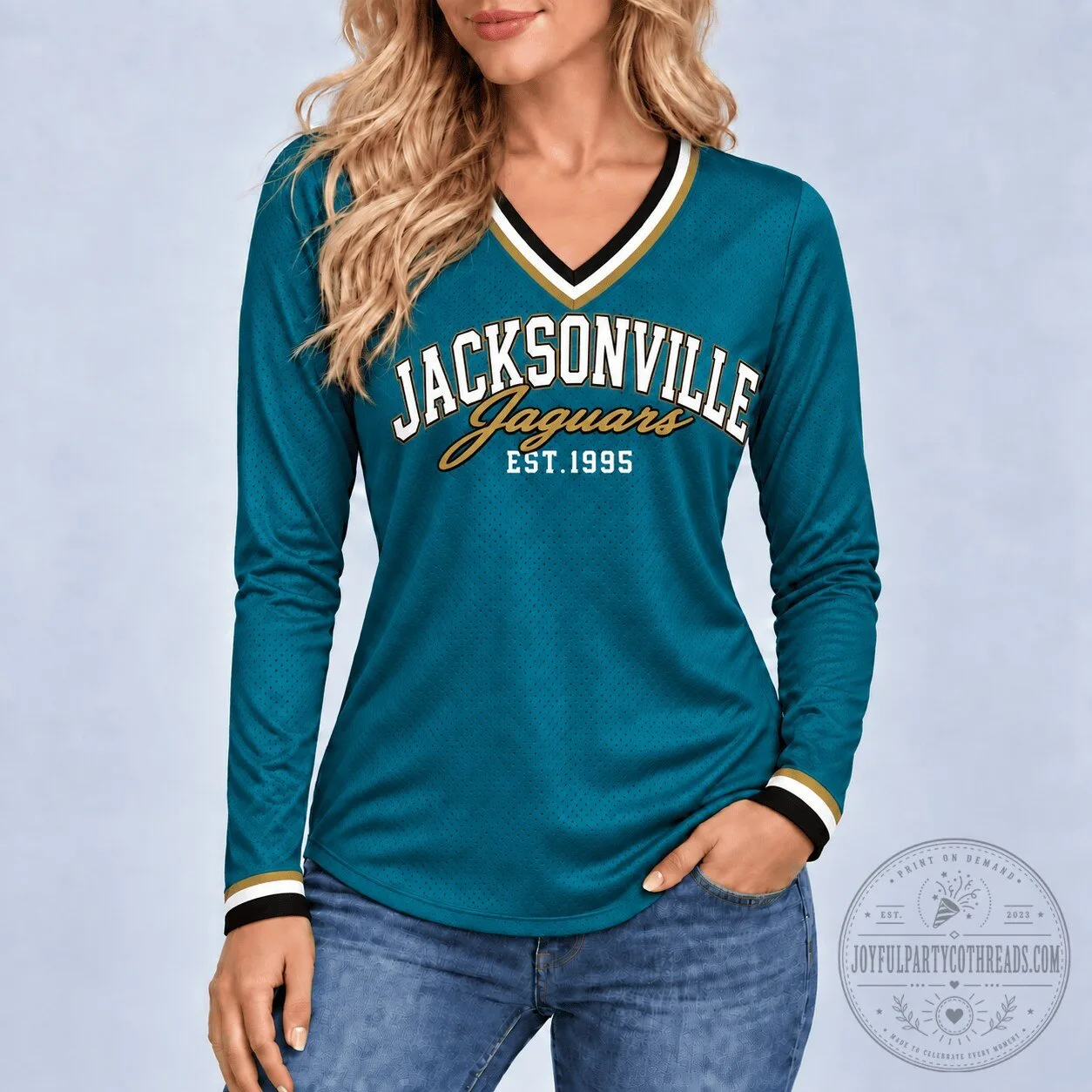 Jacksonville Jaguars Established 1995 Teal Long Sleeve V-Neck Football Jersey