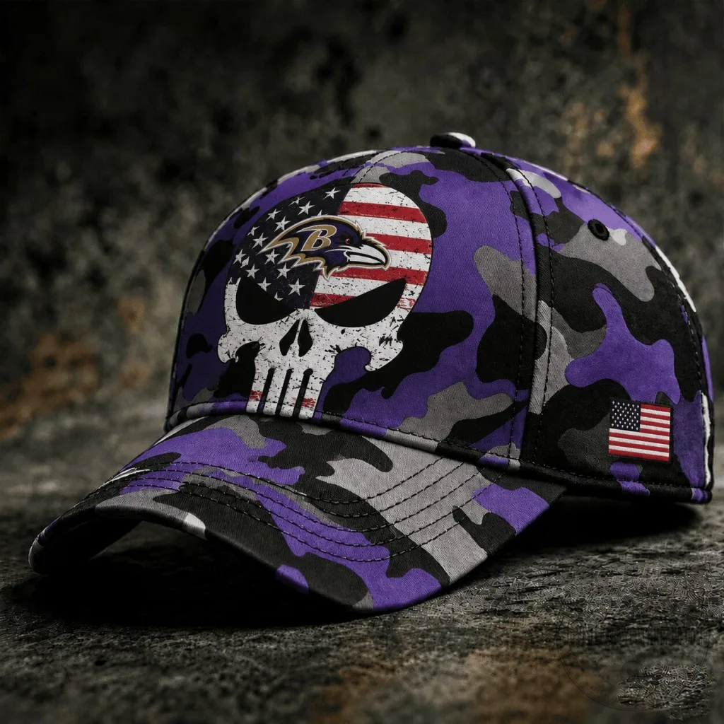 Baltimore Ravens Skull Camouflage American Flag Baseball Cap Hat Baltimore Ravens Skull Camouflage American Flag Baseball Cap Hat