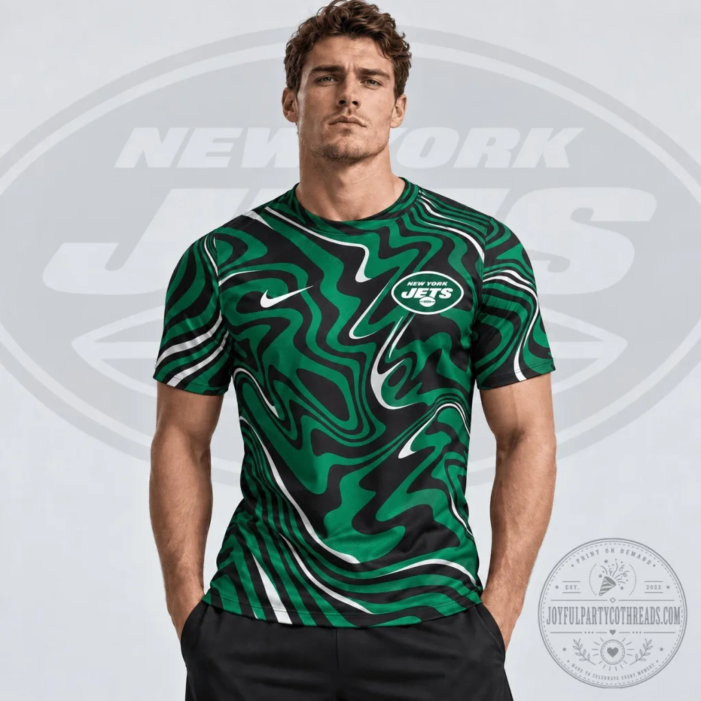 New York Jets NFL Team Crest Abstract Wave All Over Print T-Shirt New York Jets NFL Team Crest Abstract Wave All Over Print T-Shirt