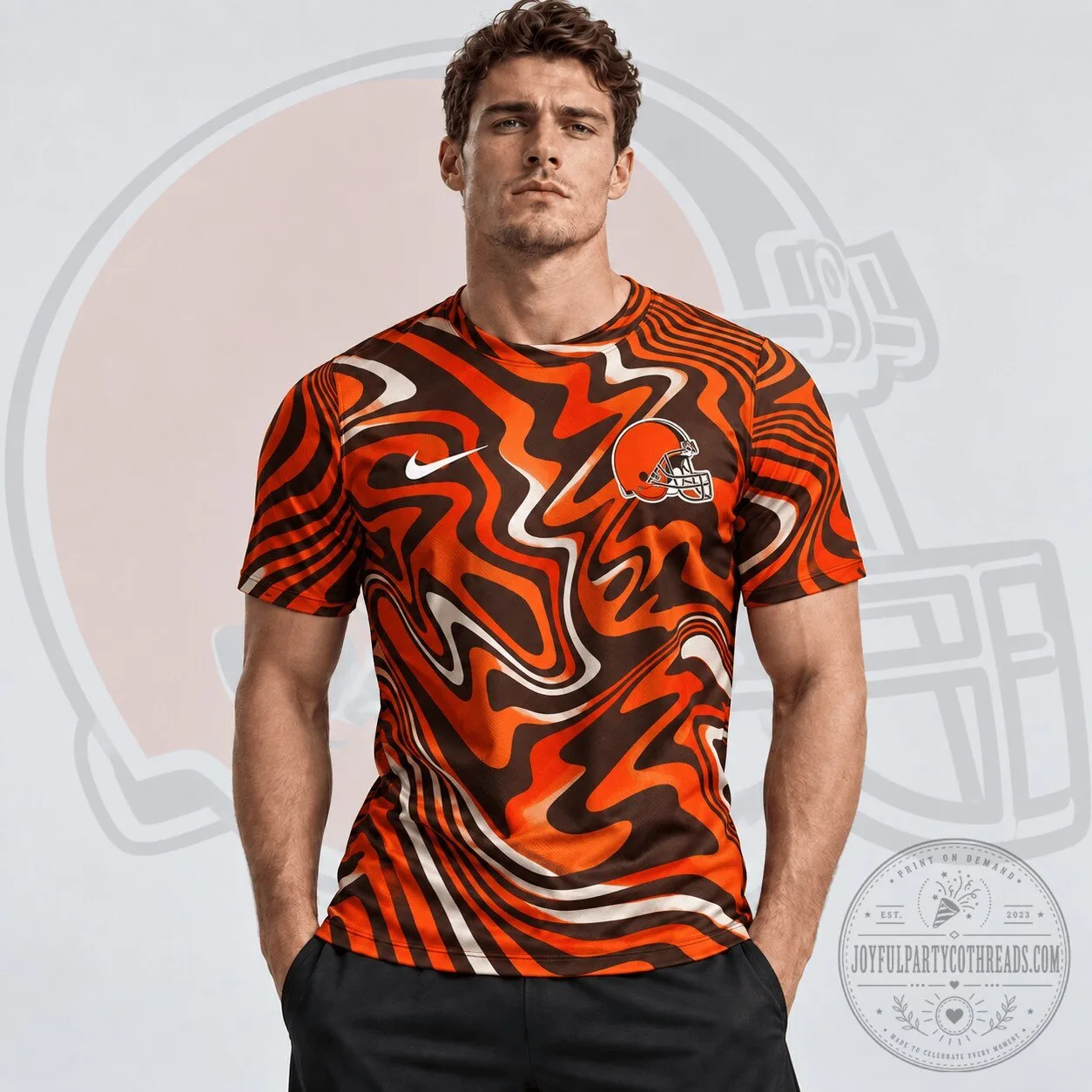 Cleveland Browns NFL Team Crest Abstract Wave All Over Print Performance T-Shirt