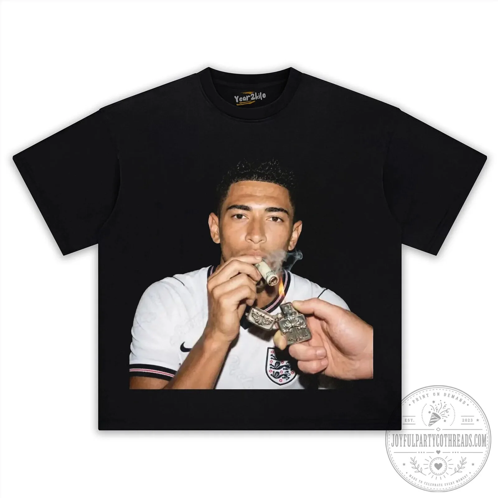 Black T-Shirt Featuring Jude Bellingham, England Football Star, Enjoying a Cigar