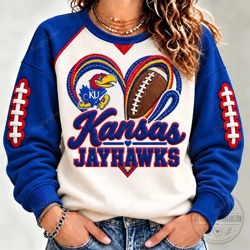 Kansas Jayhawks Football Heart Design Raglan Sleeve Sweatshirt