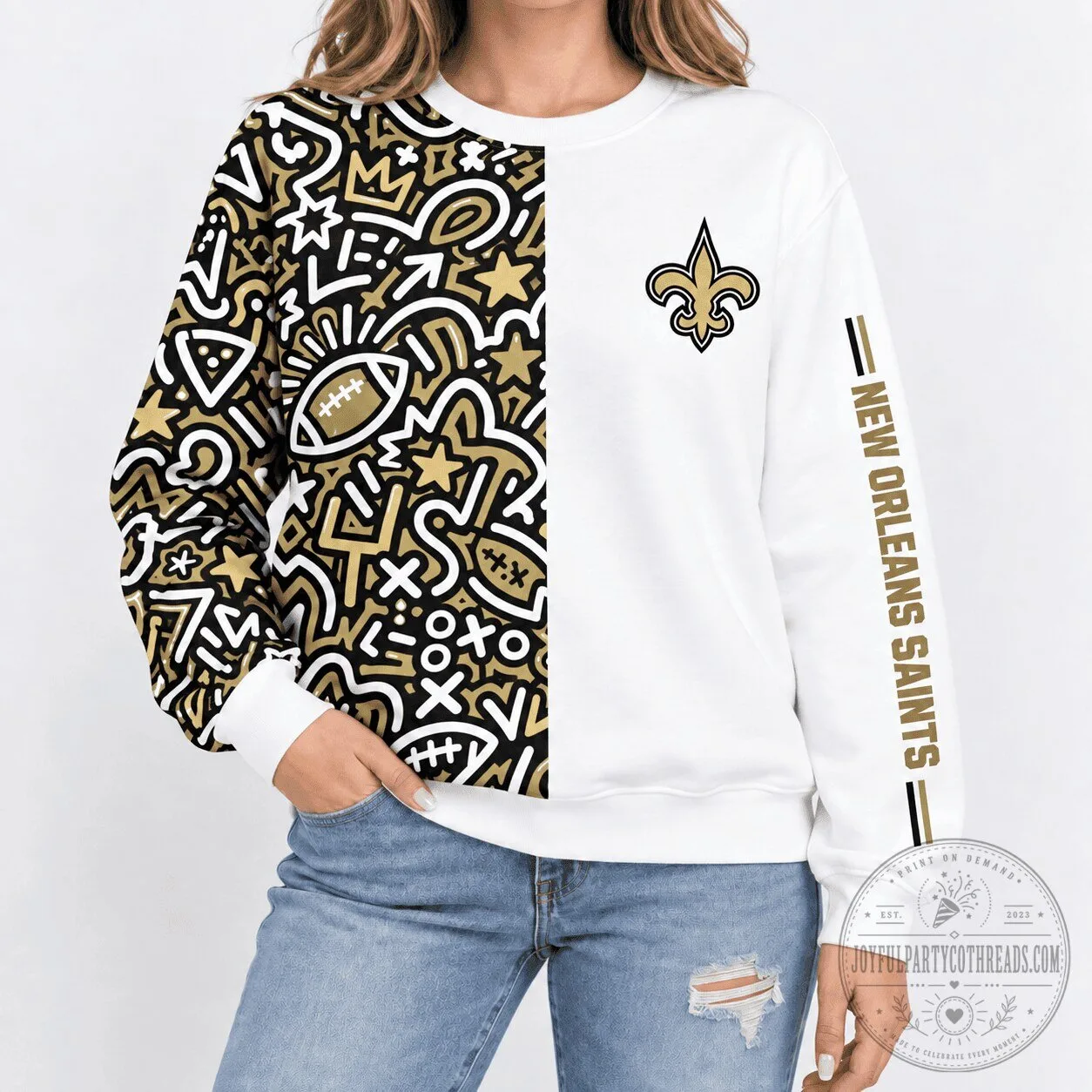 New Orleans Saints NFL Pop Art Doodle Pattern White Crewneck Sweatshirt
