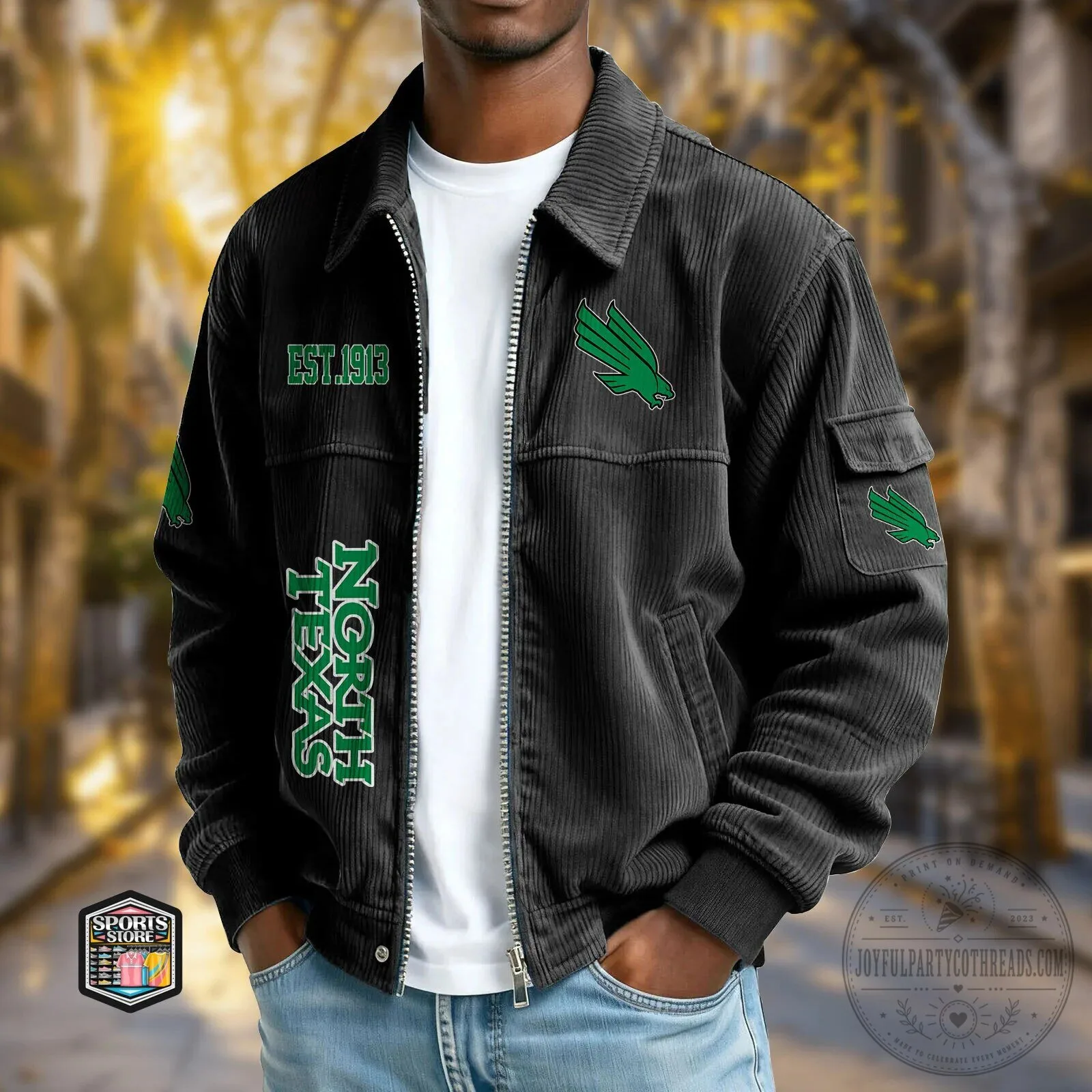 North Texas Mean Green Corduroy Jacket with Embroidered Logo and Established Date