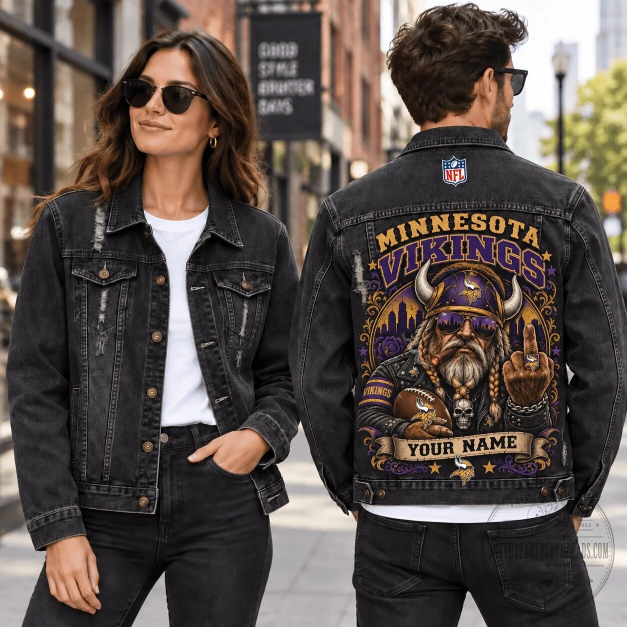 Minnesota Vikings NFL Custom Name Fan Art Black Denim Jacket