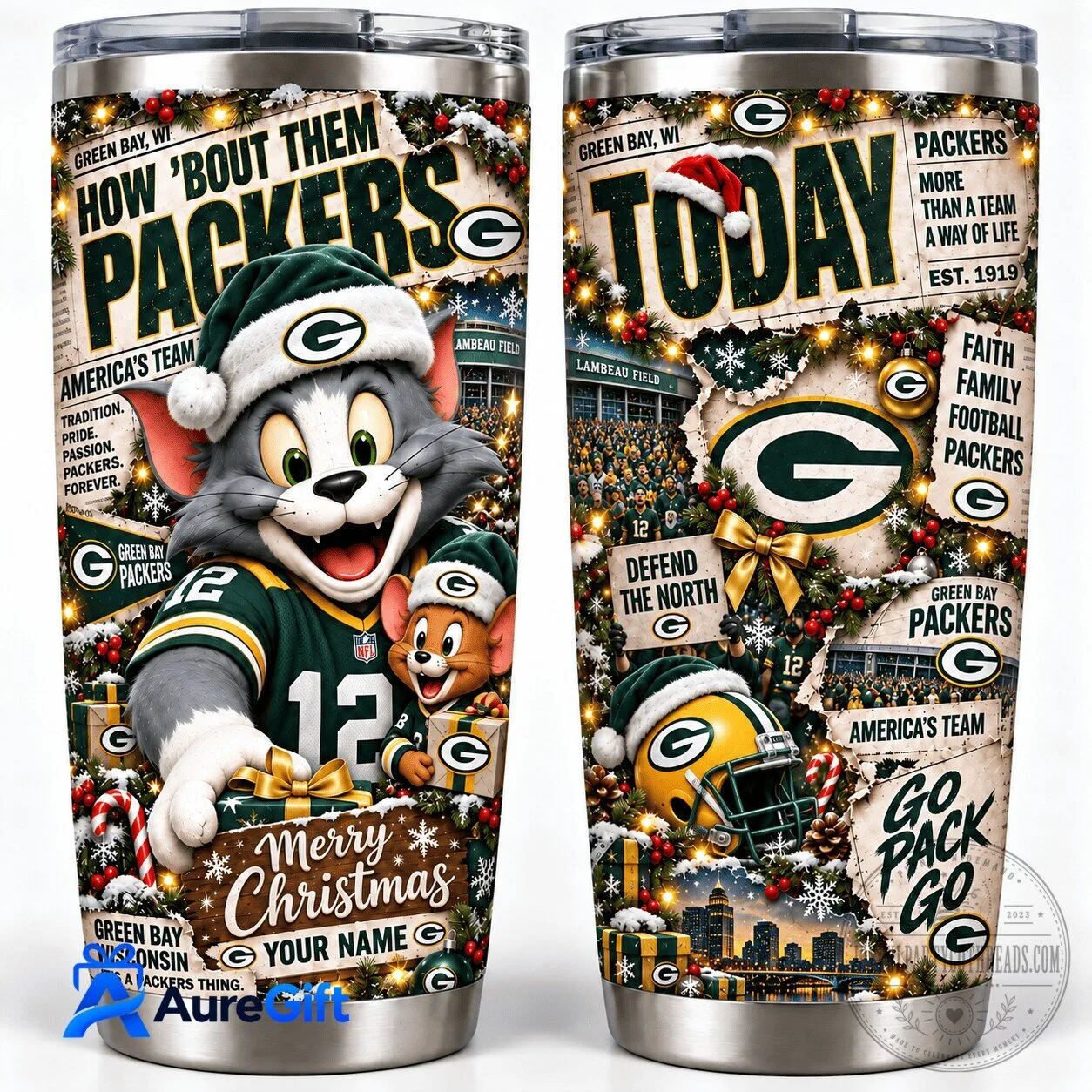 Green Bay Packers Tom and Jerry Christmas Kickoff Personalized Tumbler