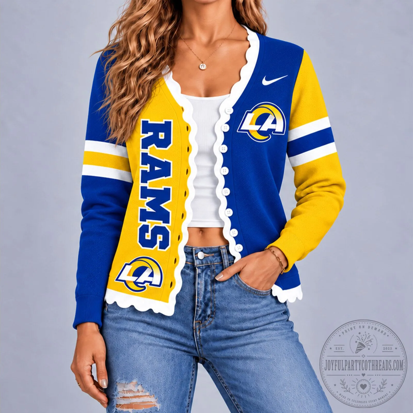 Los Angeles Rams Split Colorblock Scalloped Edge Cardigan