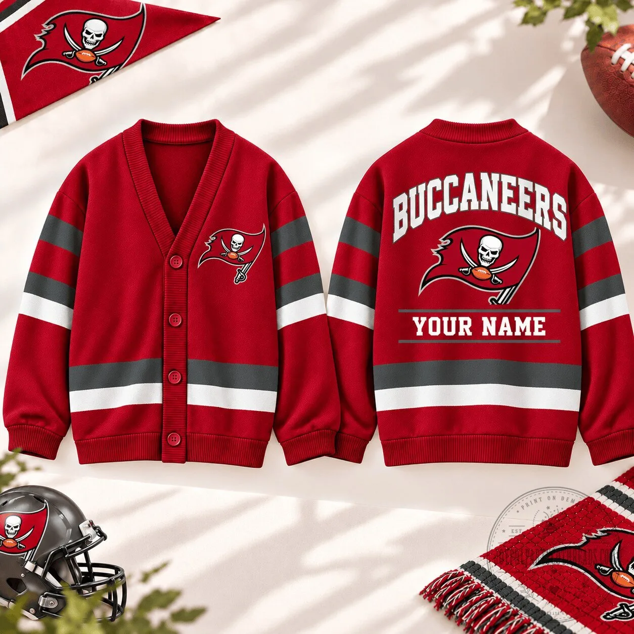 Tampa Bay Buccaneers Personalized Red and Gray Striped Cardigan Sweater