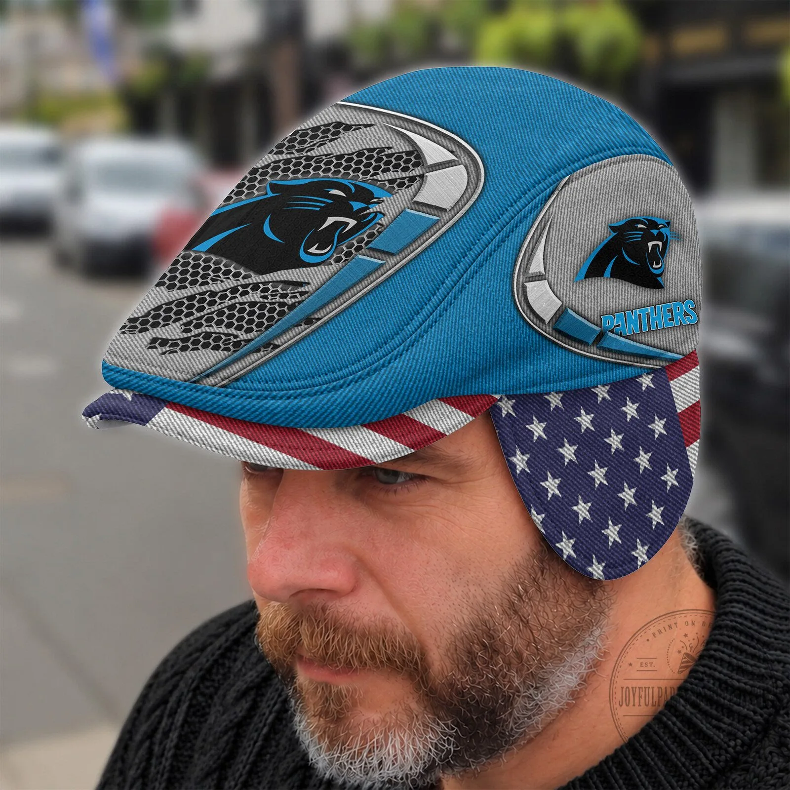 Carolina Panthers NFL American Flag Flat Cap with Foldable Ear Flaps