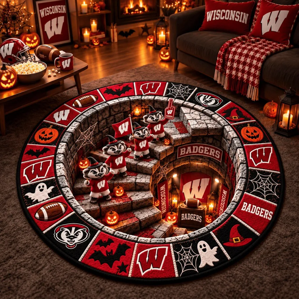 Wisconsin Badgers Halloween Football Game Day Round Rug Wisconsin Badgers Halloween Football Game Day Round Rug