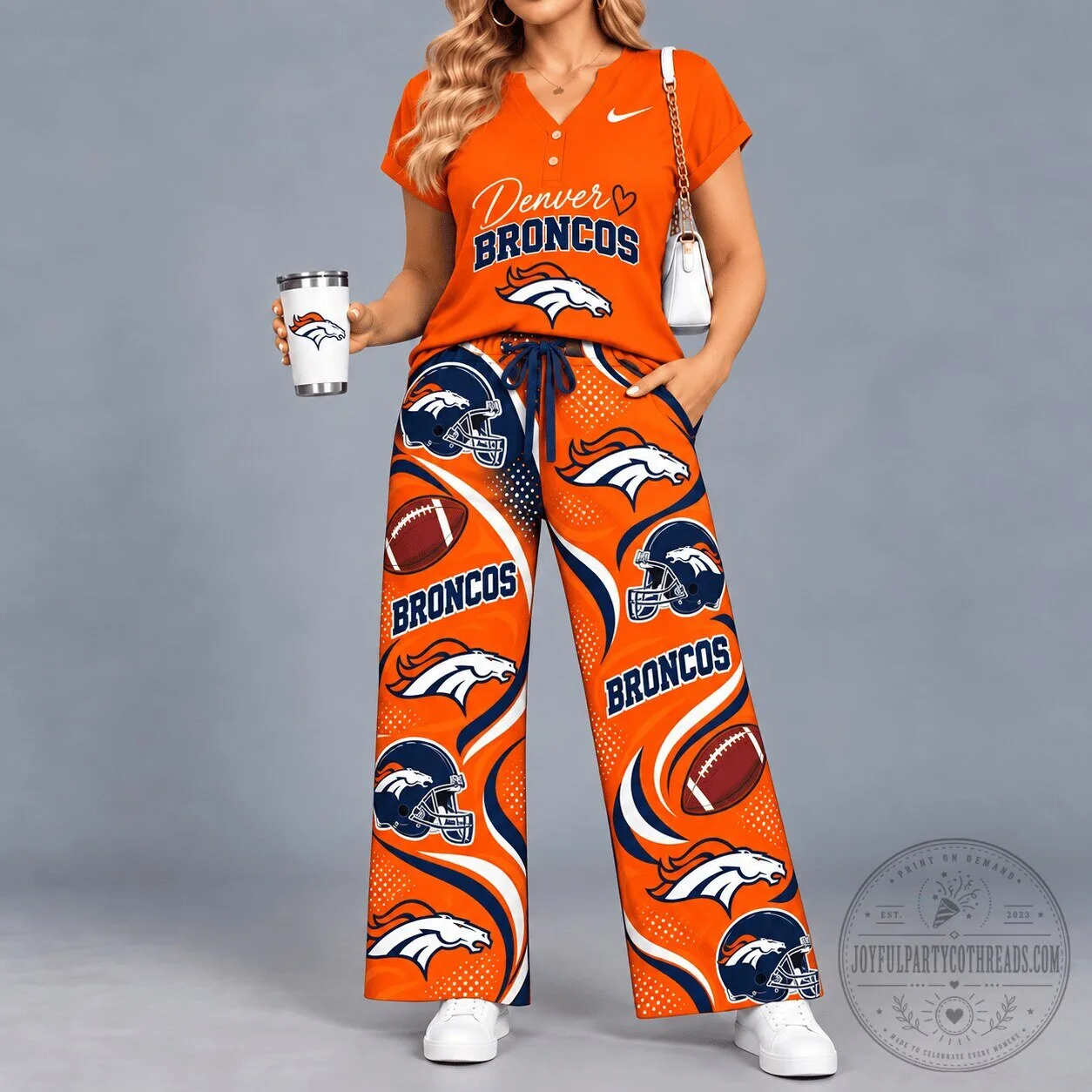 Denver Broncos NFL Football Team Logo Orange and Blue Women's Pajamas Set