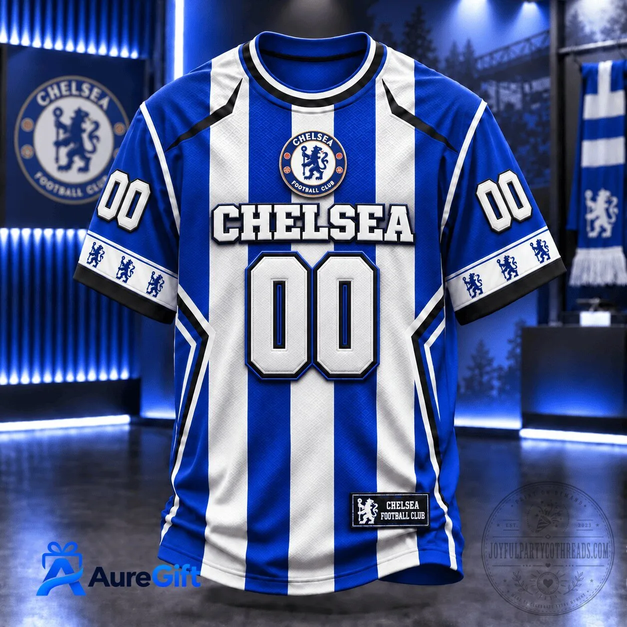 Chelsea Football Club Blue and White Striped Personalized Soccer Jersey