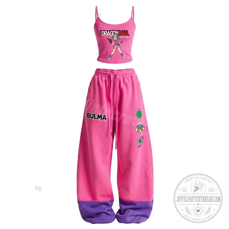 Dragon Ball Z Bulma Pink Crop Top and Wide Leg Sweatpants Set