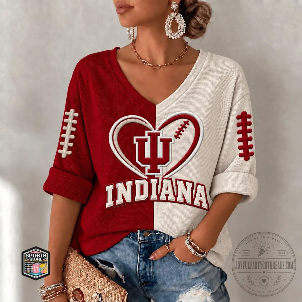 Indiana Hoosiers Football Heart Split Color Women's V-Neck T-Shirt Indiana Hoosiers Football Heart Split Color Women's V-Neck T-Shirt