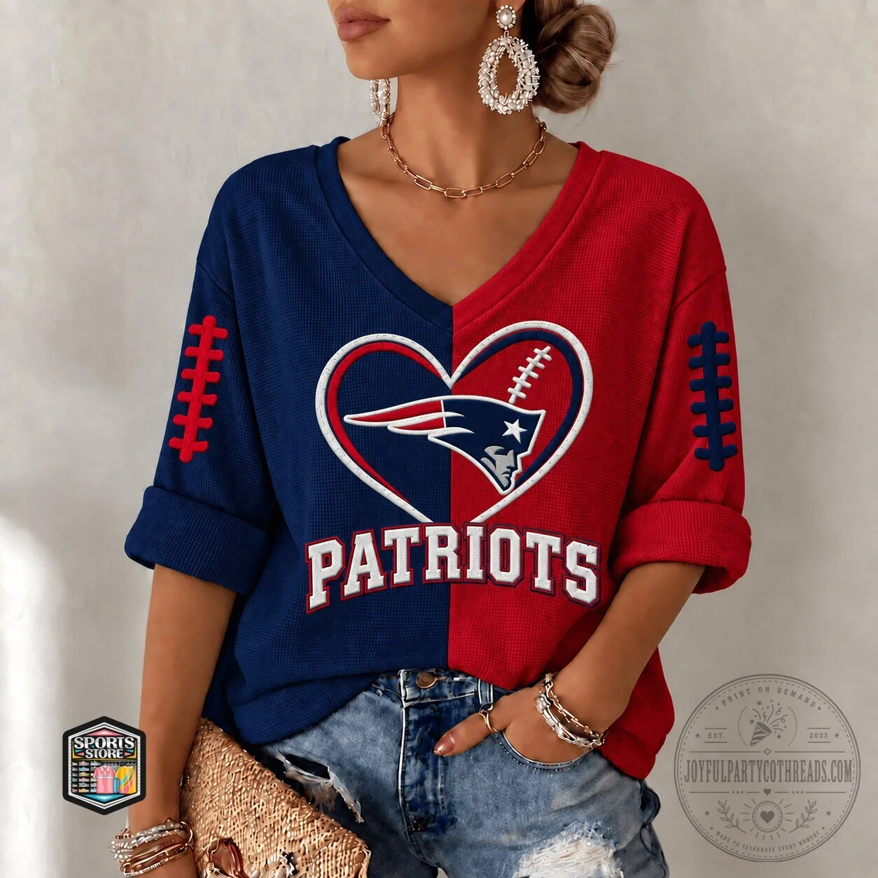 New England Patriots Football Team Heart Split Color Women's V-Neck Long-Sleeve Shirt