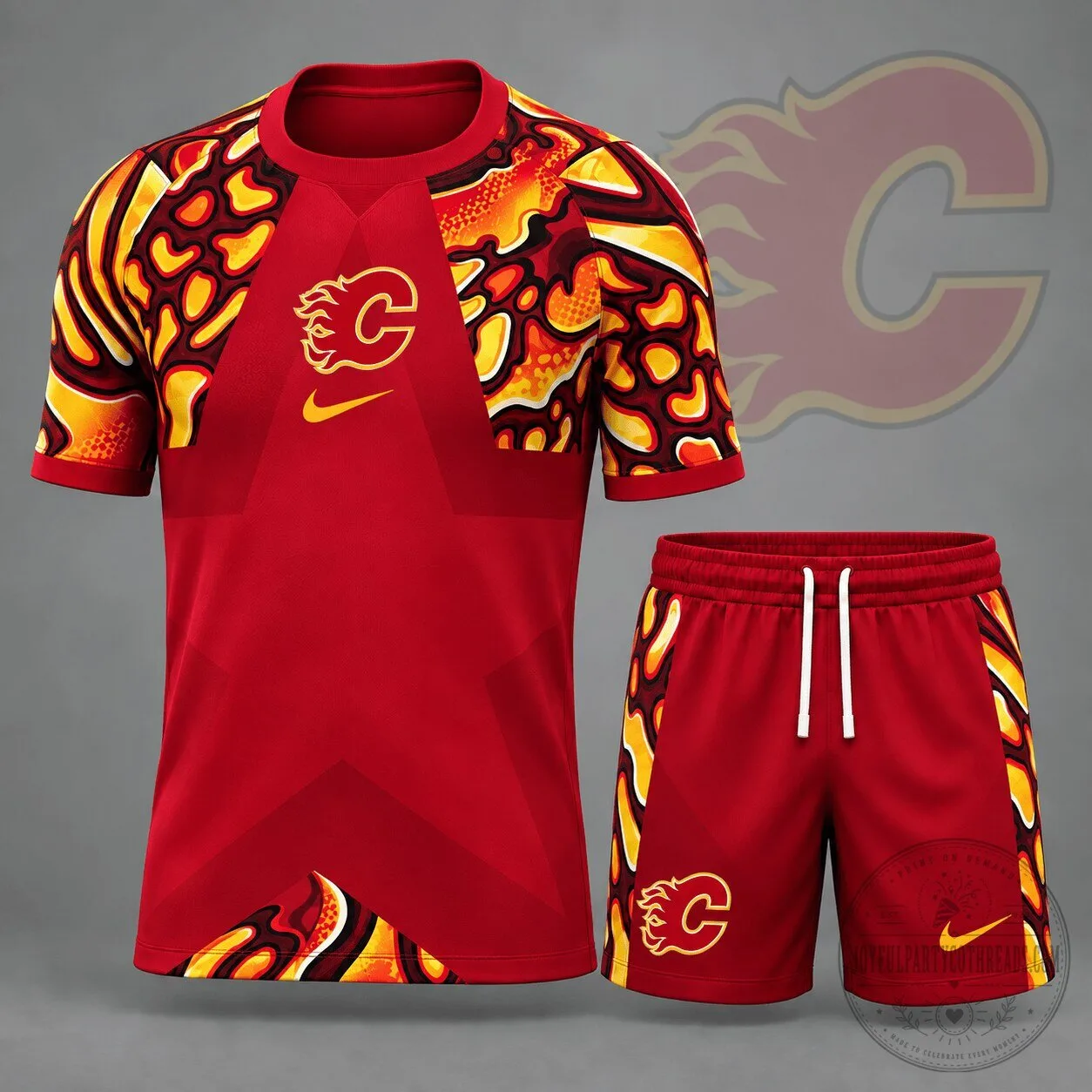 Calgary Flames National Hockey League Team Red and Yellow Patterned Jersey