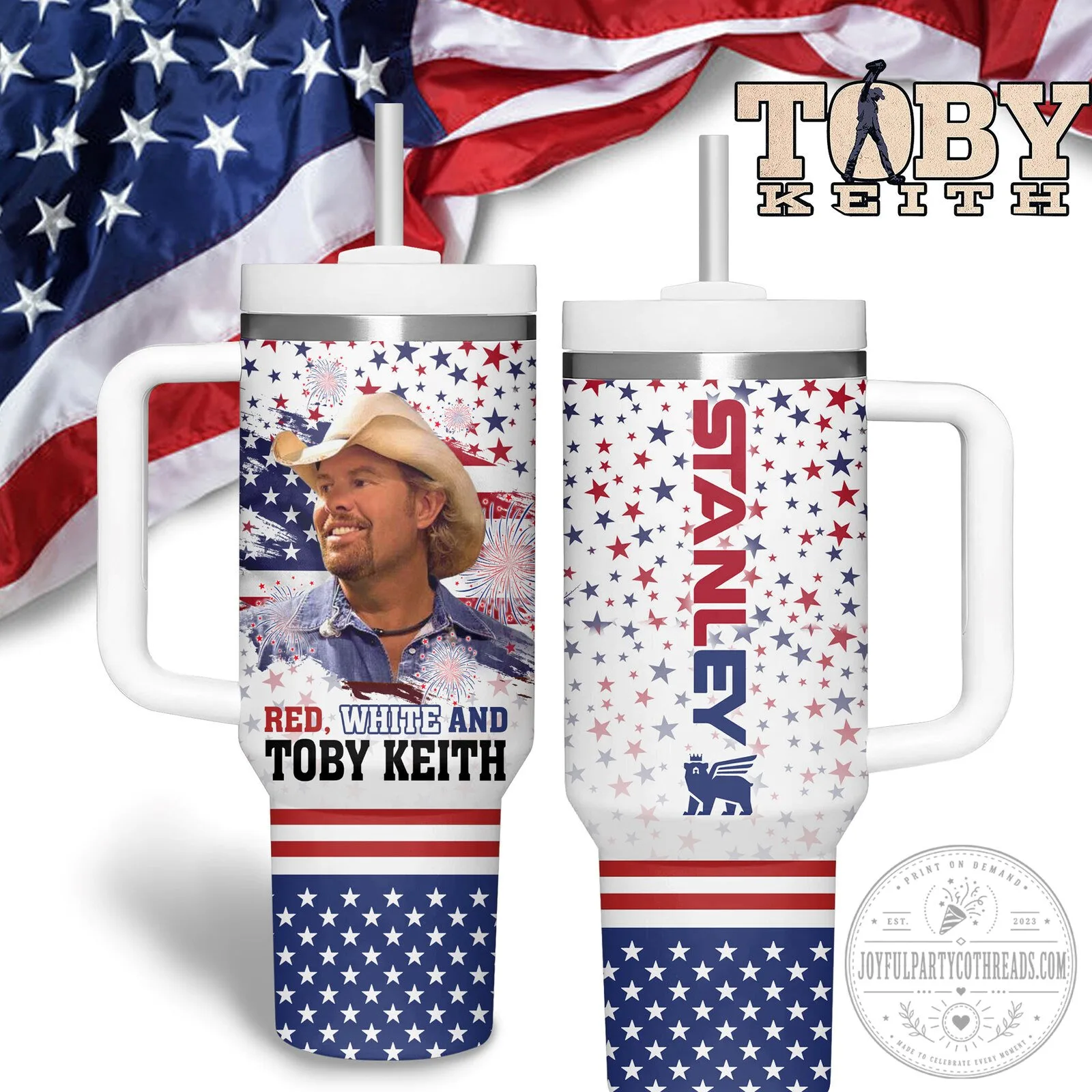 Toby Keith Red White and Blue Stars and Stripes Patriotic 40oz Tumbler with Handle
