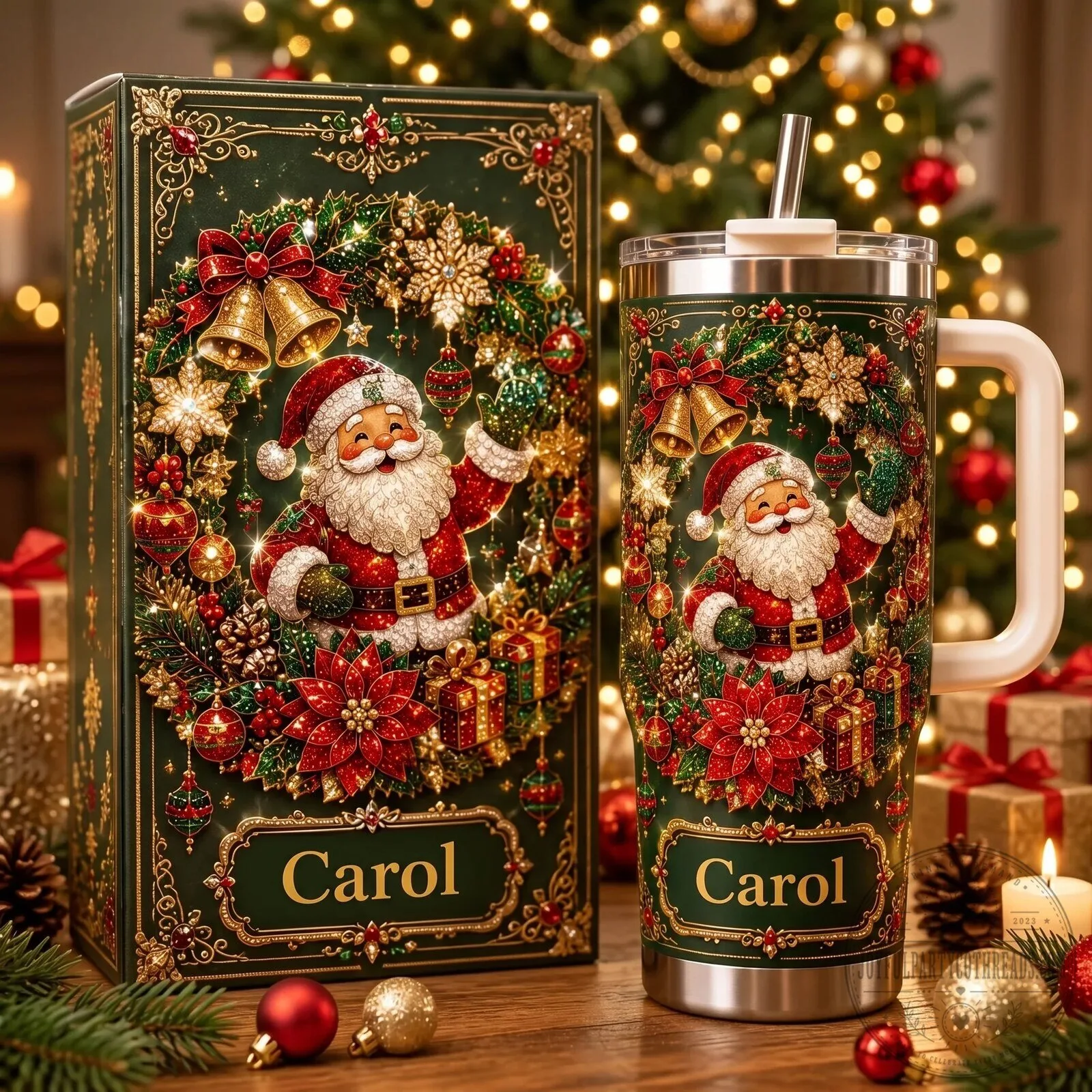 Personalized Santa Claus Christmas Holiday Stainless Steel Tumbler with Handle