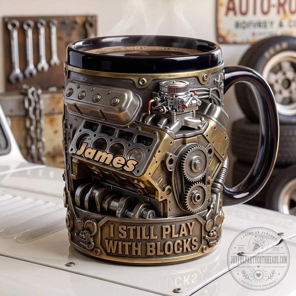 Personalized Hot Rod Engine I Still Play With Blocks Coffee Mug