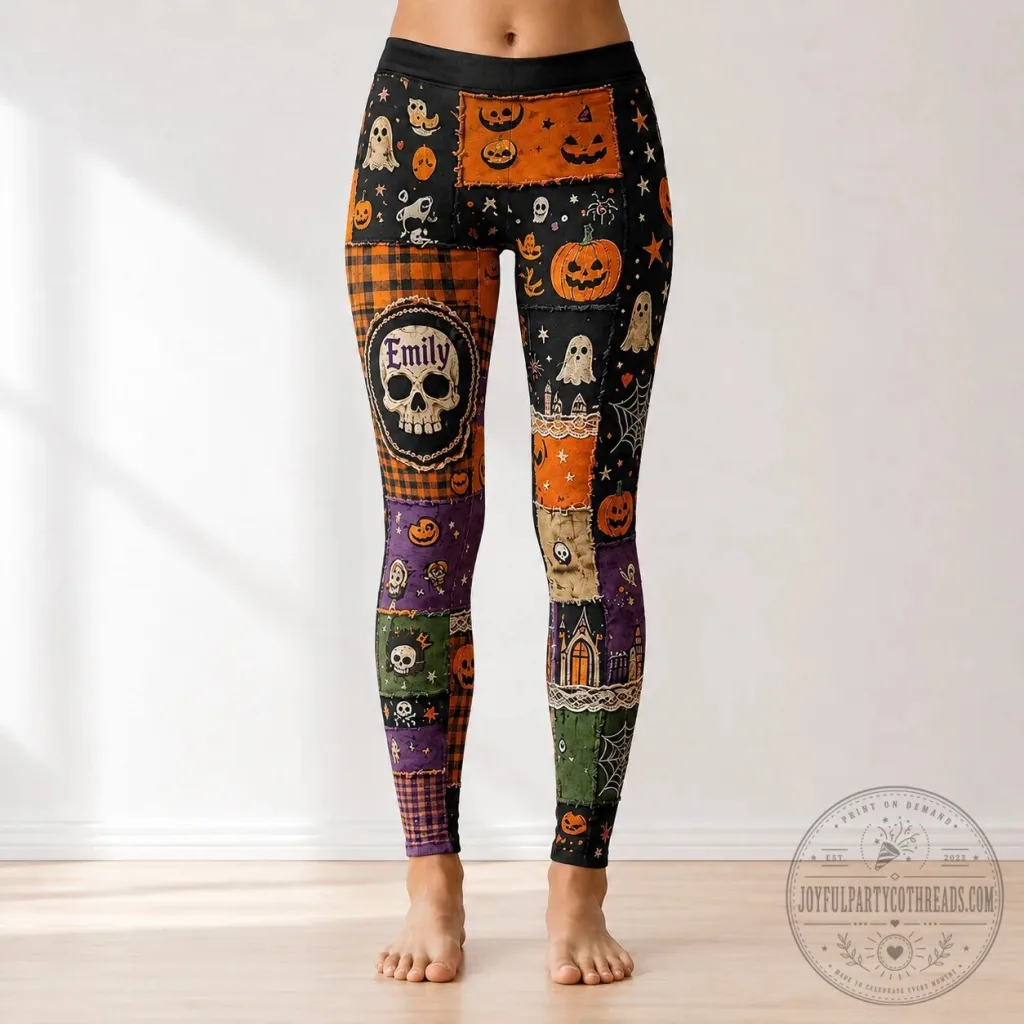 Personalized Halloween Patchwork Spooky Pumpkin Skull Ghosts Leggings Personalized Halloween Patchwork Spooky Pumpkin Skull Ghosts Leggings