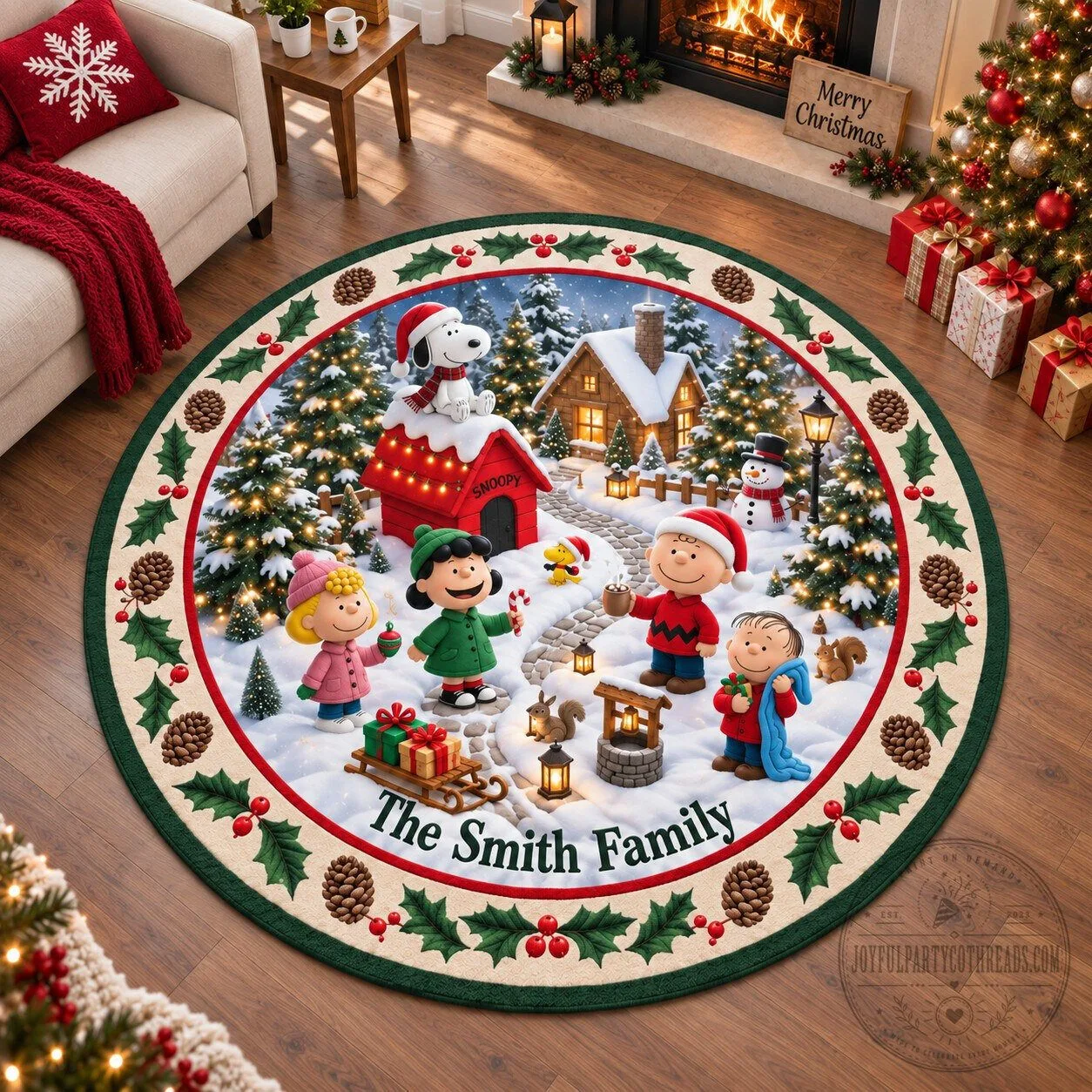 Personalized Peanuts Snoopy Christmas Winter Wonderland Round Rug