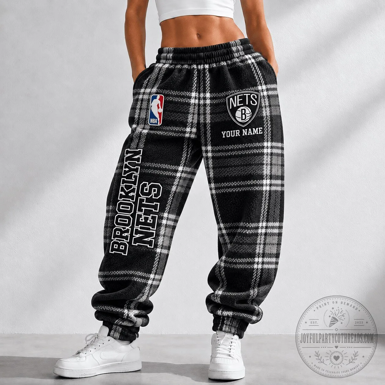 Brooklyn Nets Plaid Jogger Pants Custom Name NBA Basketball Fan Apparel