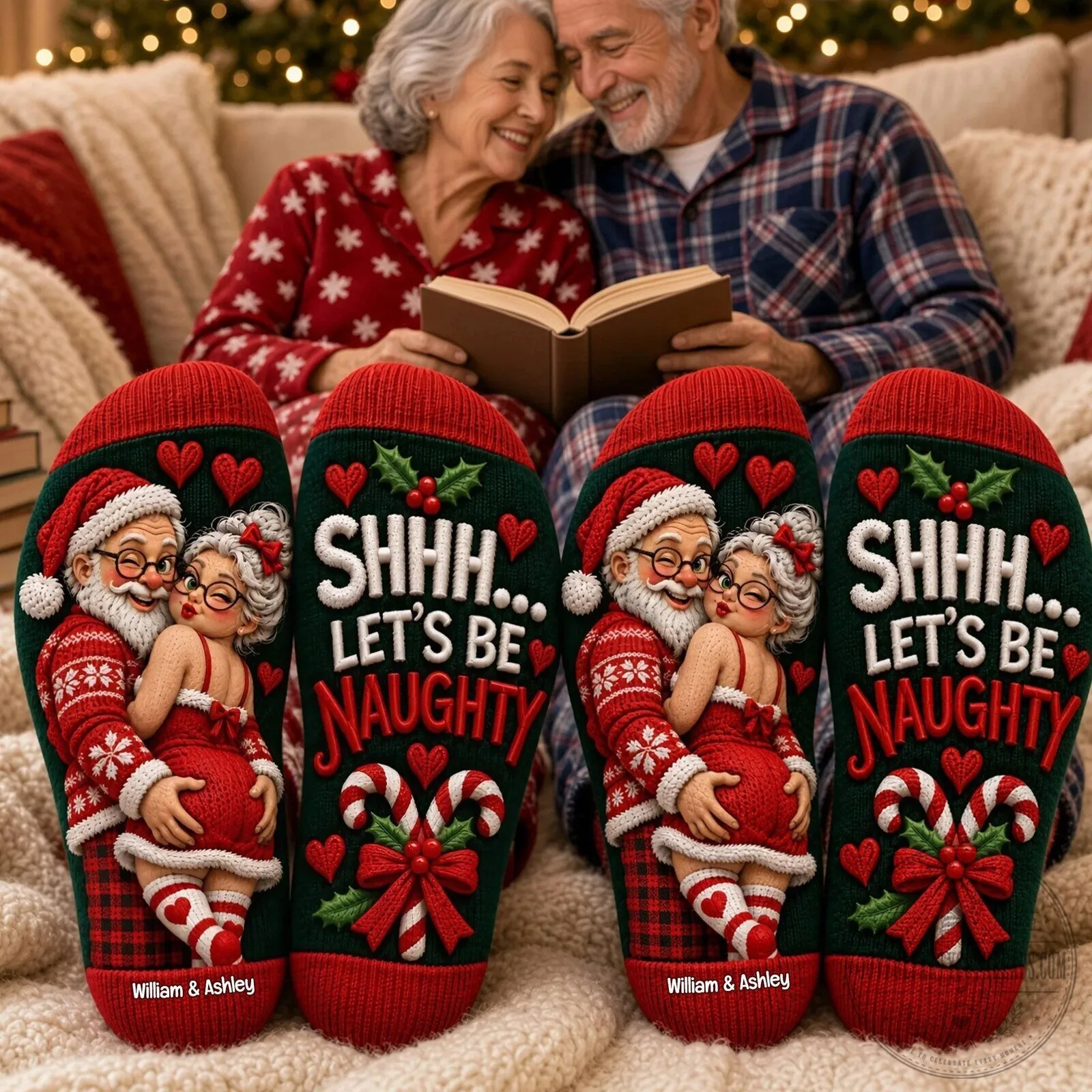 Personalized Naughty Santa Claus Christmas Couple Holiday Socks