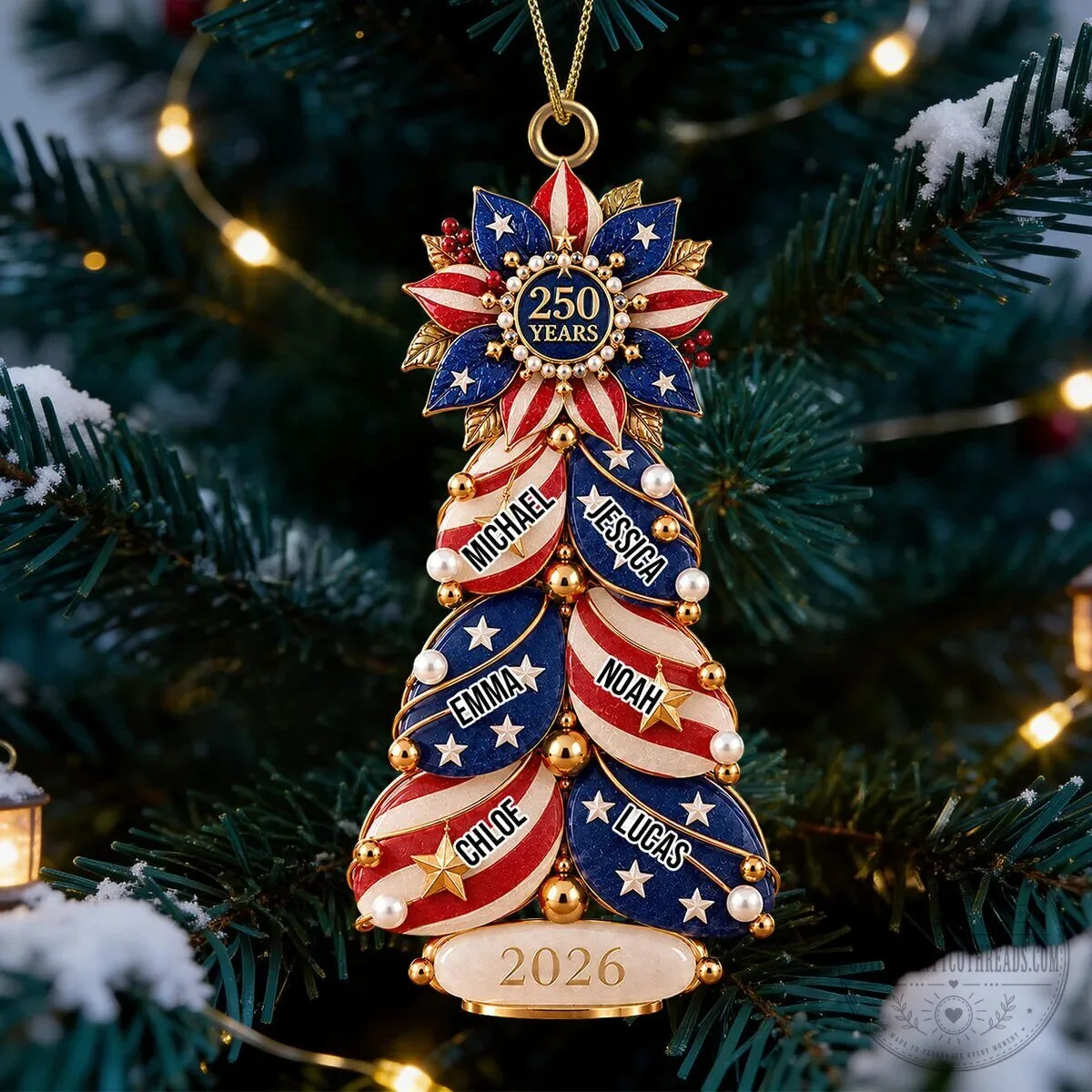 Personalized American Flag Family Christmas Tree Ornament with Names and Year