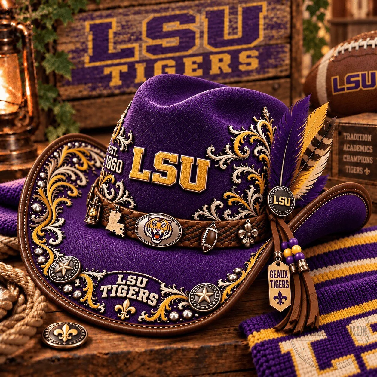 LSU Tigers Purple and Gold Cowboy Hat with Feathers 1 LSU Tigers Purple and Gold Cowboy Hat with Feathers