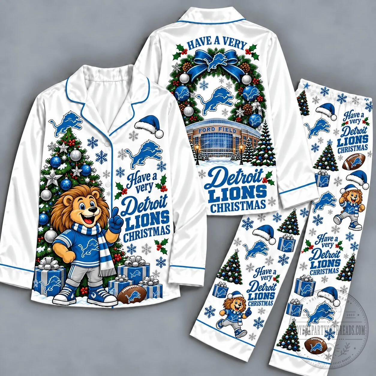 Detroit Lions Christmas Holiday Pajamas Set for Men and Women