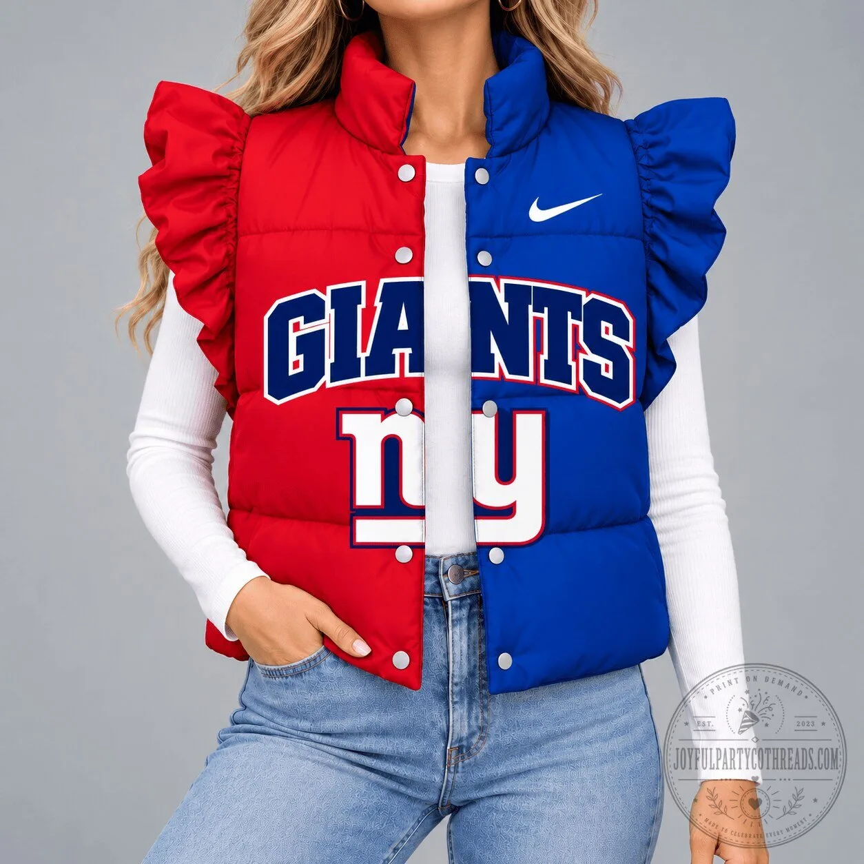 New York Giants Split Color Ruffled Sleeveless Puffer Jacket