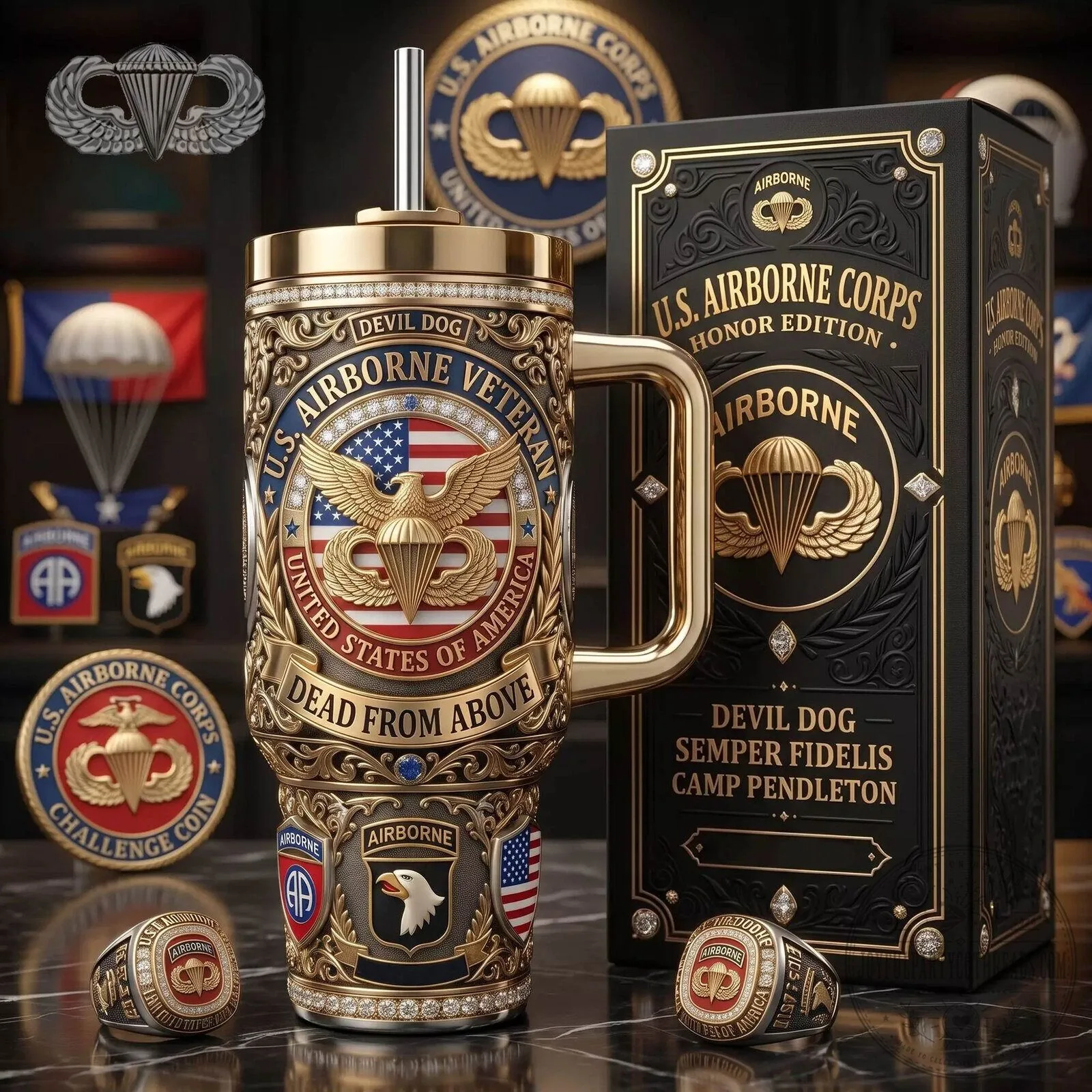 United States Airborne Corps Veteran Devil Dog Stainless Steel Tumbler