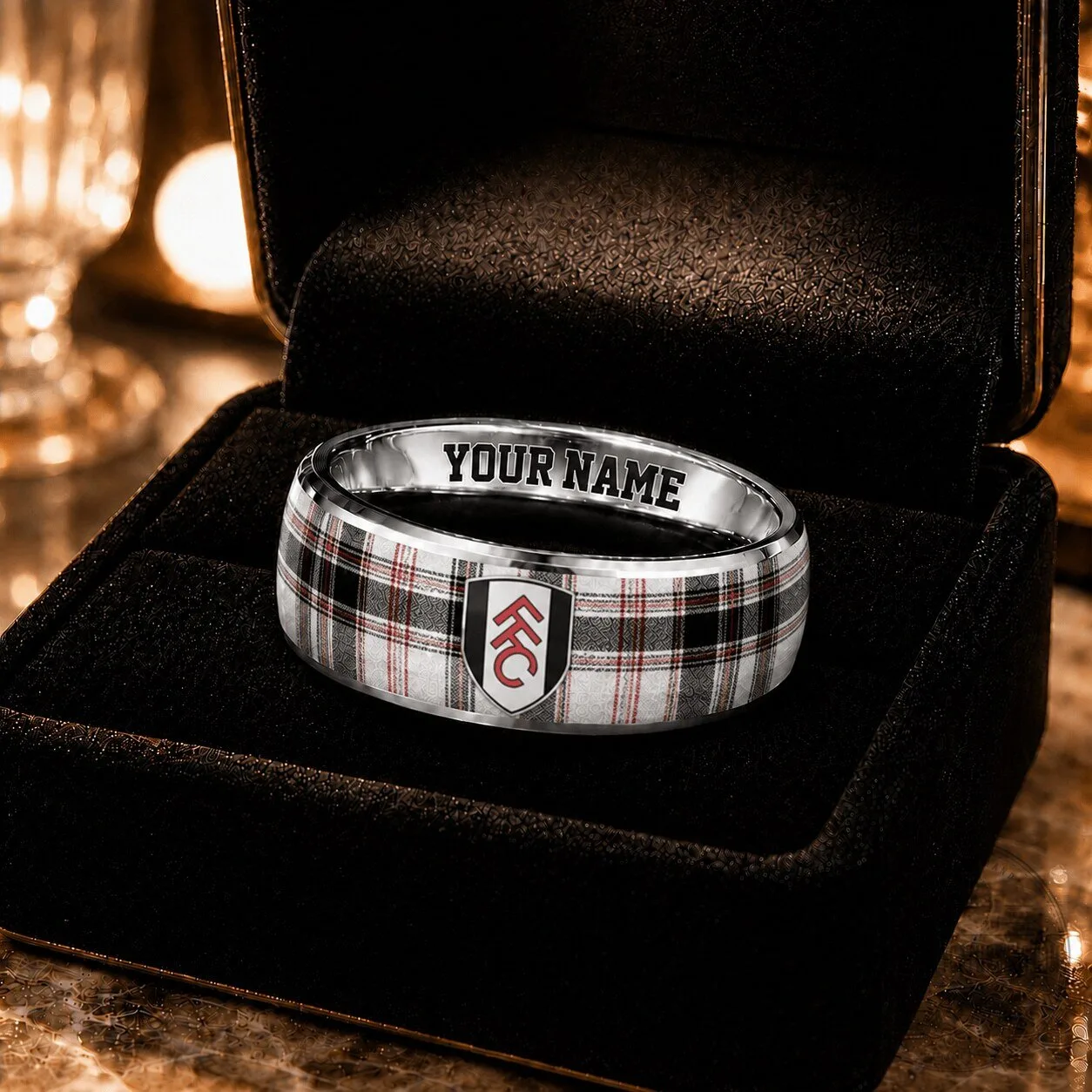 Fulham Football Club Plaid Pattern Custom Name Engraved Ring