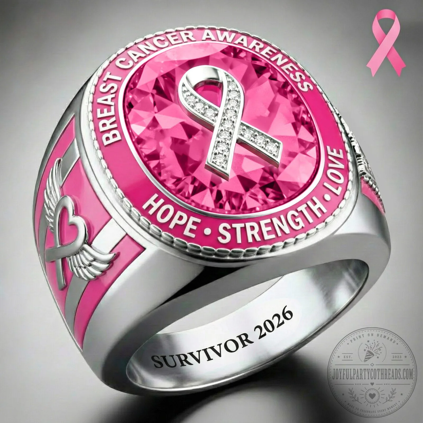Survivor Ring with Pink Ribbon for Breast Cancer Awareness: Hope, Strength, and Love