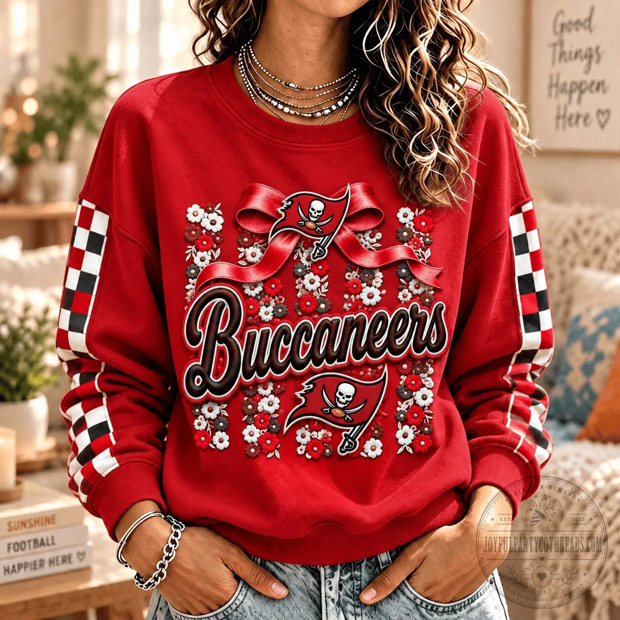 Tampa Bay Buccaneers Football Team Red Floral Checkered Pattern Sweatshirt