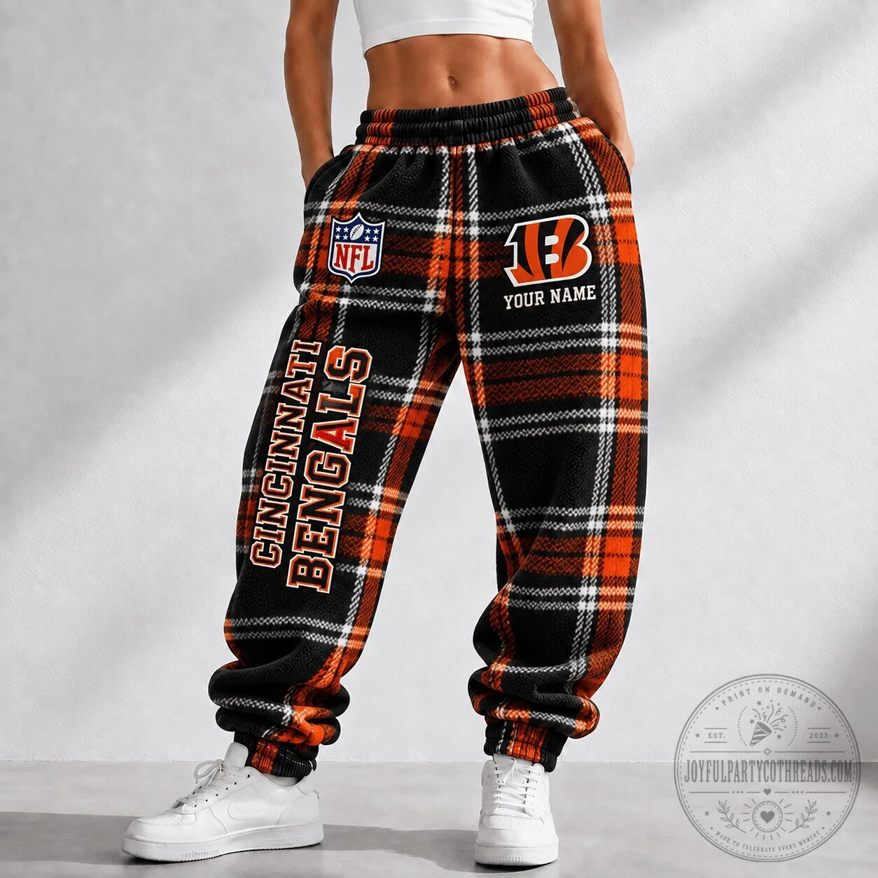 Cincinnati Bengals NFL Custom Name Plaid Fleece Sweatpants