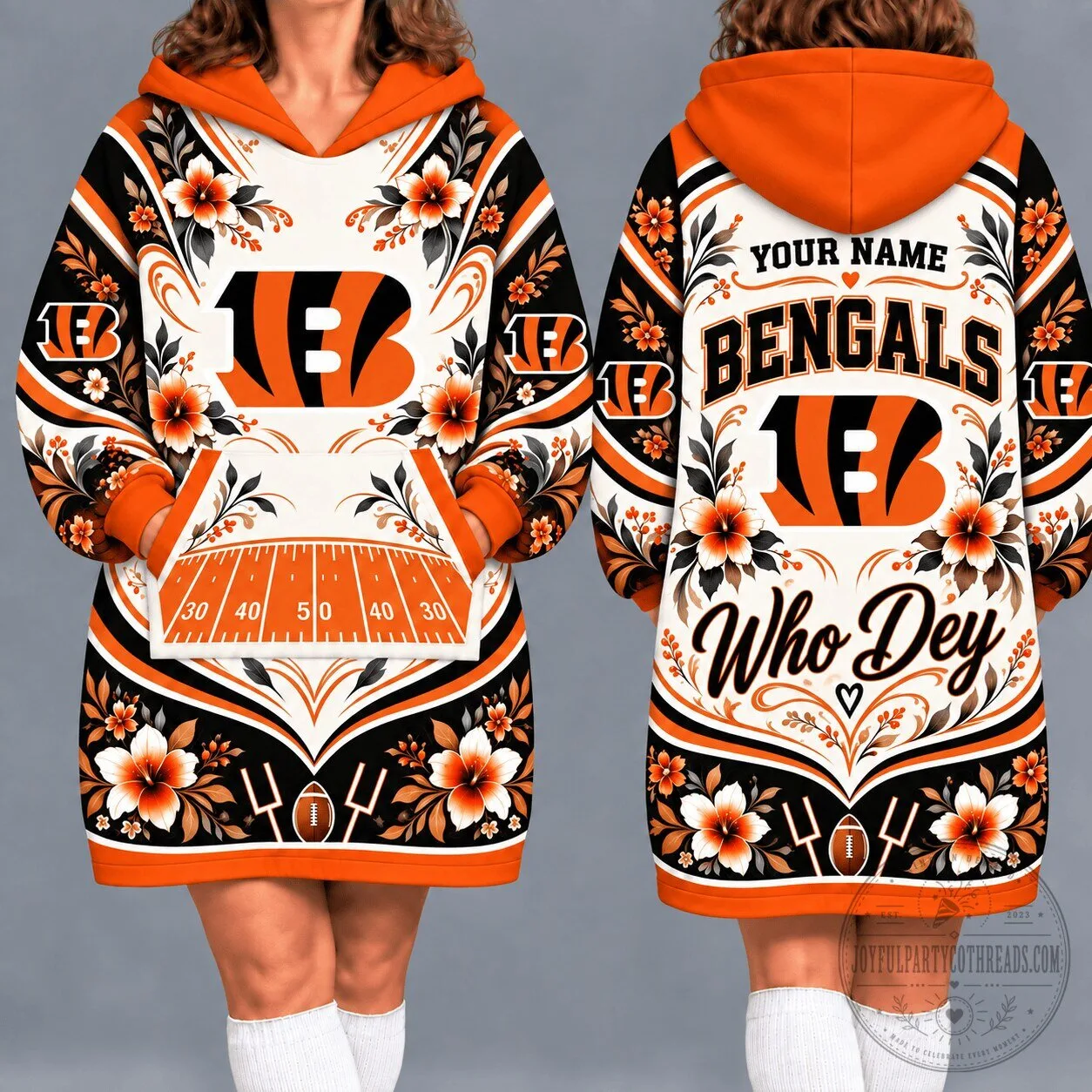 Cincinnati Bengals Floral Pattern Personalized Wearable Blanket Hoodie